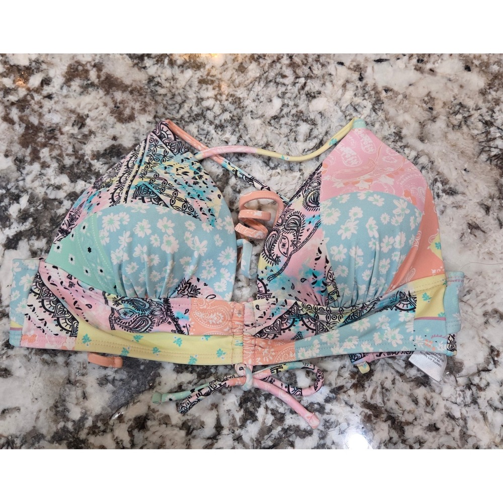 Salt + Cove Pastel Patchwork Paisley Floral Lace Up Bikini Top Small